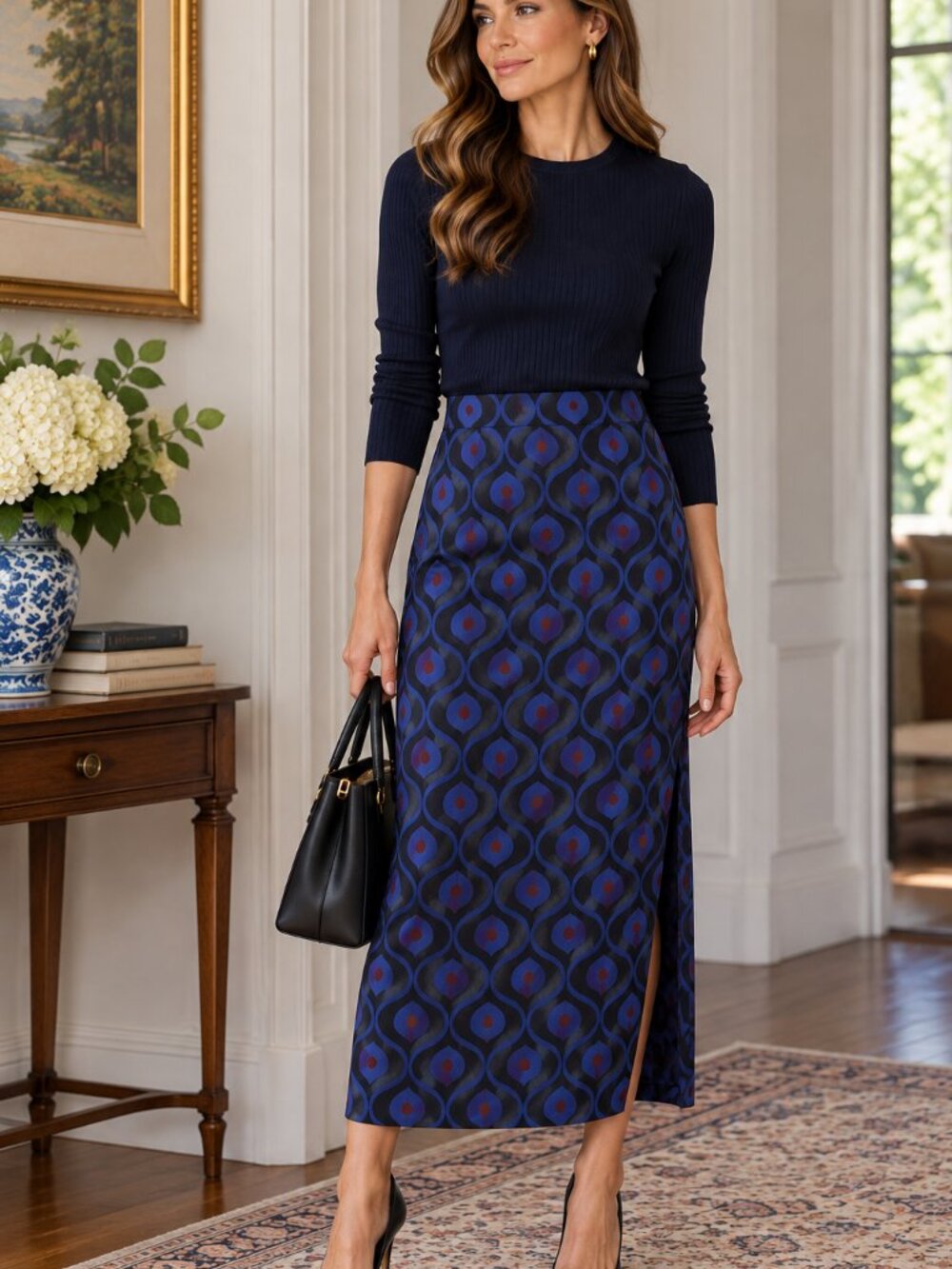 Blue Geometric Midi Skirt